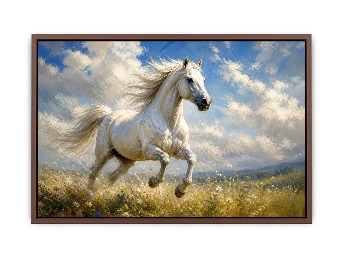 Elegant white horse running through a wildflower meadow under dramatic blue skies in an impressionist countryside landscape painting with soft textured brushwork and serene natural tones.
