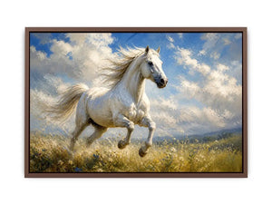 Elegant white horse running through a wildflower meadow under dramatic blue skies in an impressionist countryside landscape painting with soft textured brushwork and serene natural tones.