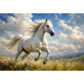 Elegant white horse running through a wildflower meadow under dramatic blue skies in an impressionist countryside landscape painting with soft textured brushwork and serene natural tones.