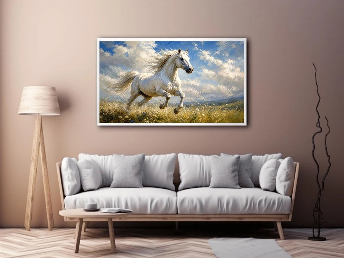 Elegant white horse running through a wildflower meadow under dramatic blue skies in an impressionist countryside landscape painting with soft textured brushwork and serene natural tones.