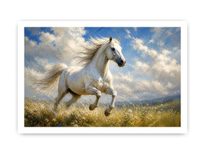 Elegant white horse running through a wildflower meadow under dramatic blue skies in an impressionist countryside landscape painting with soft textured brushwork and serene natural tones.