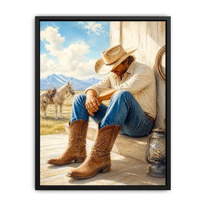 Rustic cowboy wall art featuring a thoughtful rancher in leather boots beside a white horse with mountain scenery and warm countryside textures in a timeless western painting.
