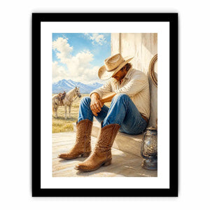 Rustic cowboy wall art featuring a thoughtful rancher in leather boots beside a white horse with mountain scenery and warm countryside textures in a timeless western painting.