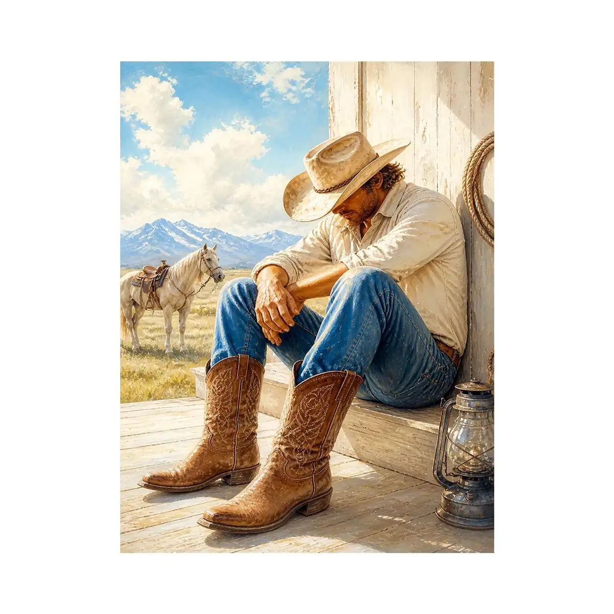 Rustic cowboy wall art featuring a thoughtful rancher in leather boots beside a white horse with mountain scenery and warm countryside textures in a timeless western painting.