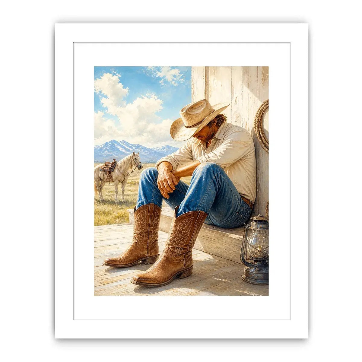 Rustic cowboy wall art featuring a thoughtful rancher in leather boots beside a white horse with mountain scenery and warm countryside textures in a timeless western painting.