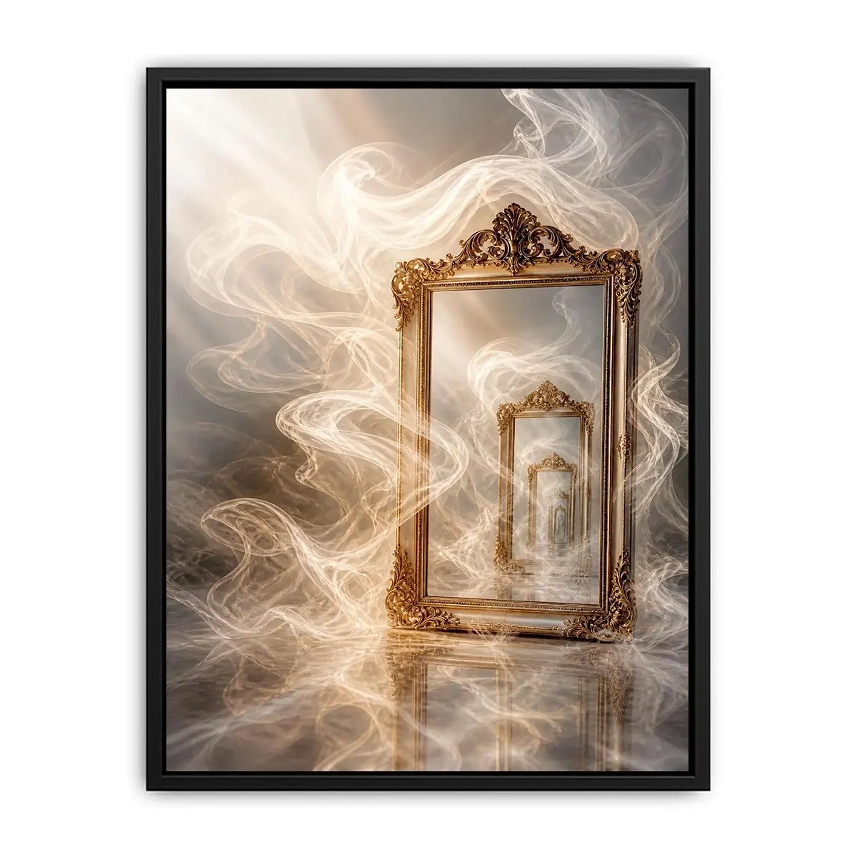 Surreal golden mirror wall art with endless reflections, flowing white smoke, and ornate vintage frames in a dreamy luxury abstract interior scene.