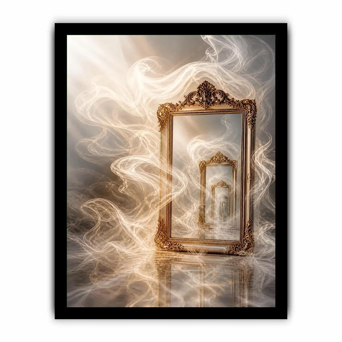 Surreal golden mirror wall art with endless reflections, flowing white smoke, and ornate vintage frames in a dreamy luxury abstract interior scene.