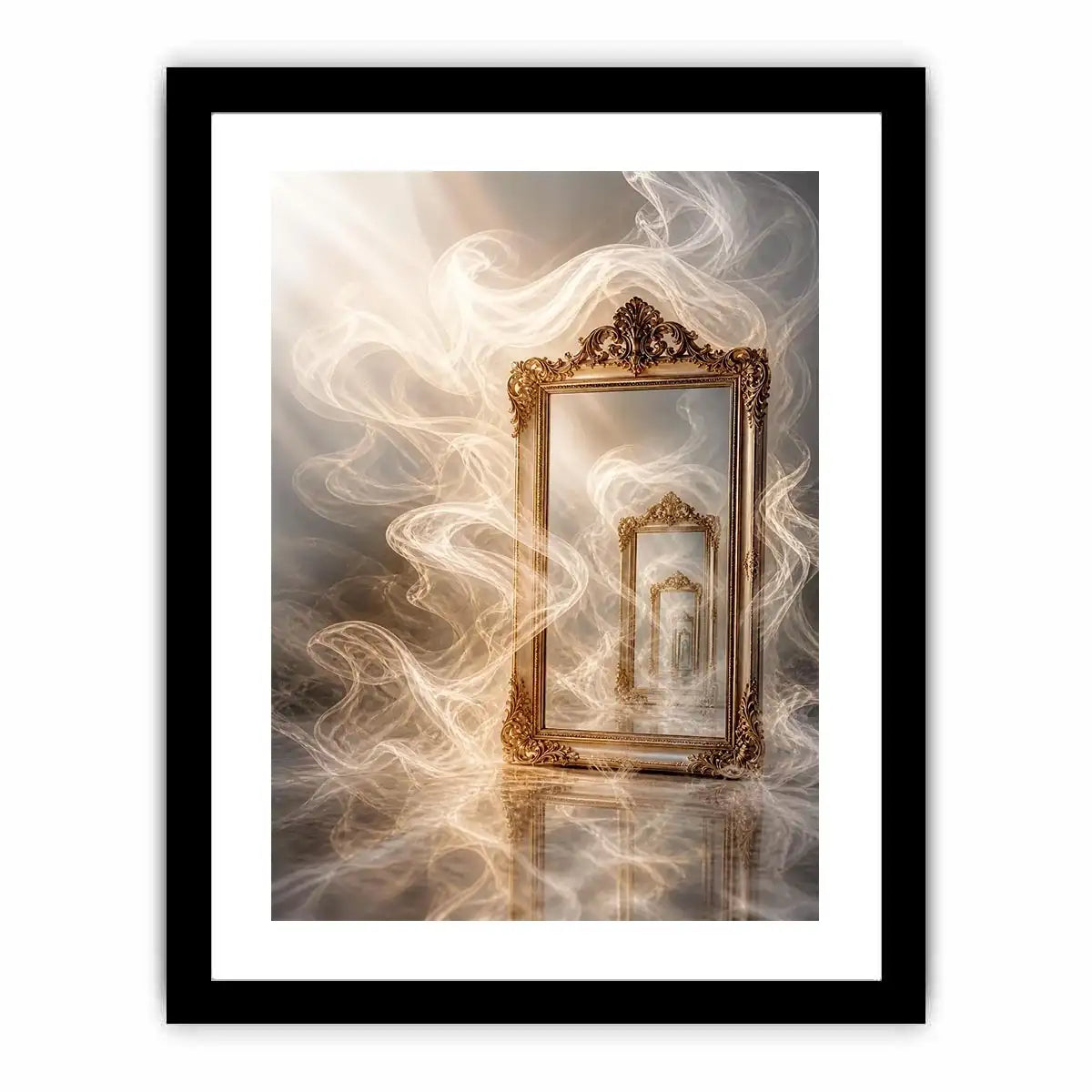 Surreal golden mirror wall art with endless reflections, flowing white smoke, and ornate vintage frames in a dreamy luxury abstract interior scene.