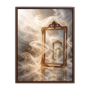 Surreal golden mirror wall art with endless reflections, flowing white smoke, and ornate vintage frames in a dreamy luxury abstract interior scene.