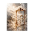 Surreal golden mirror wall art with endless reflections, flowing white smoke, and ornate vintage frames in a dreamy luxury abstract interior scene.