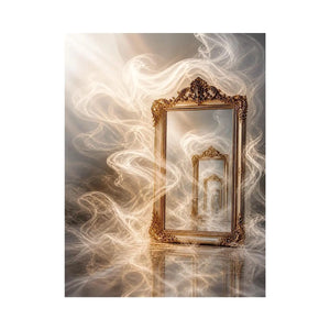Surreal golden mirror wall art with endless reflections, flowing white smoke, and ornate vintage frames in a dreamy luxury abstract interior scene.