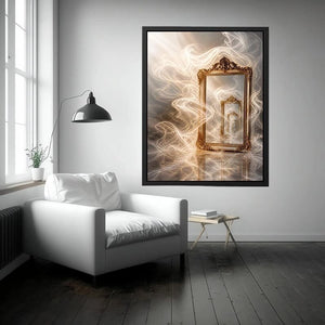 Surreal golden mirror wall art with endless reflections, flowing white smoke, and ornate vintage frames in a dreamy luxury abstract interior scene.