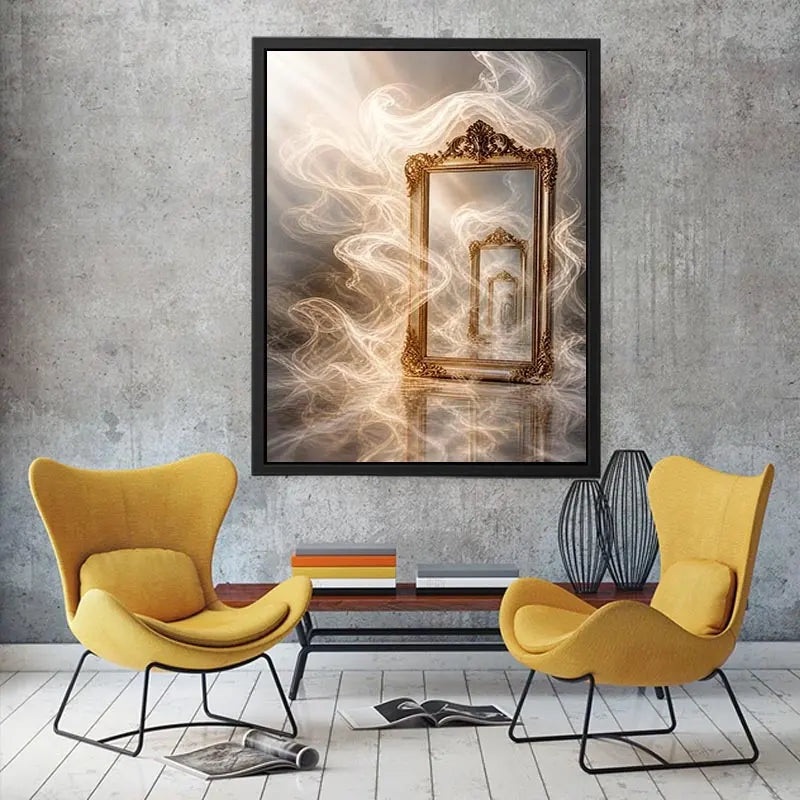 Surreal golden mirror wall art with endless reflections, flowing white smoke, and ornate vintage frames in a dreamy luxury abstract interior scene.