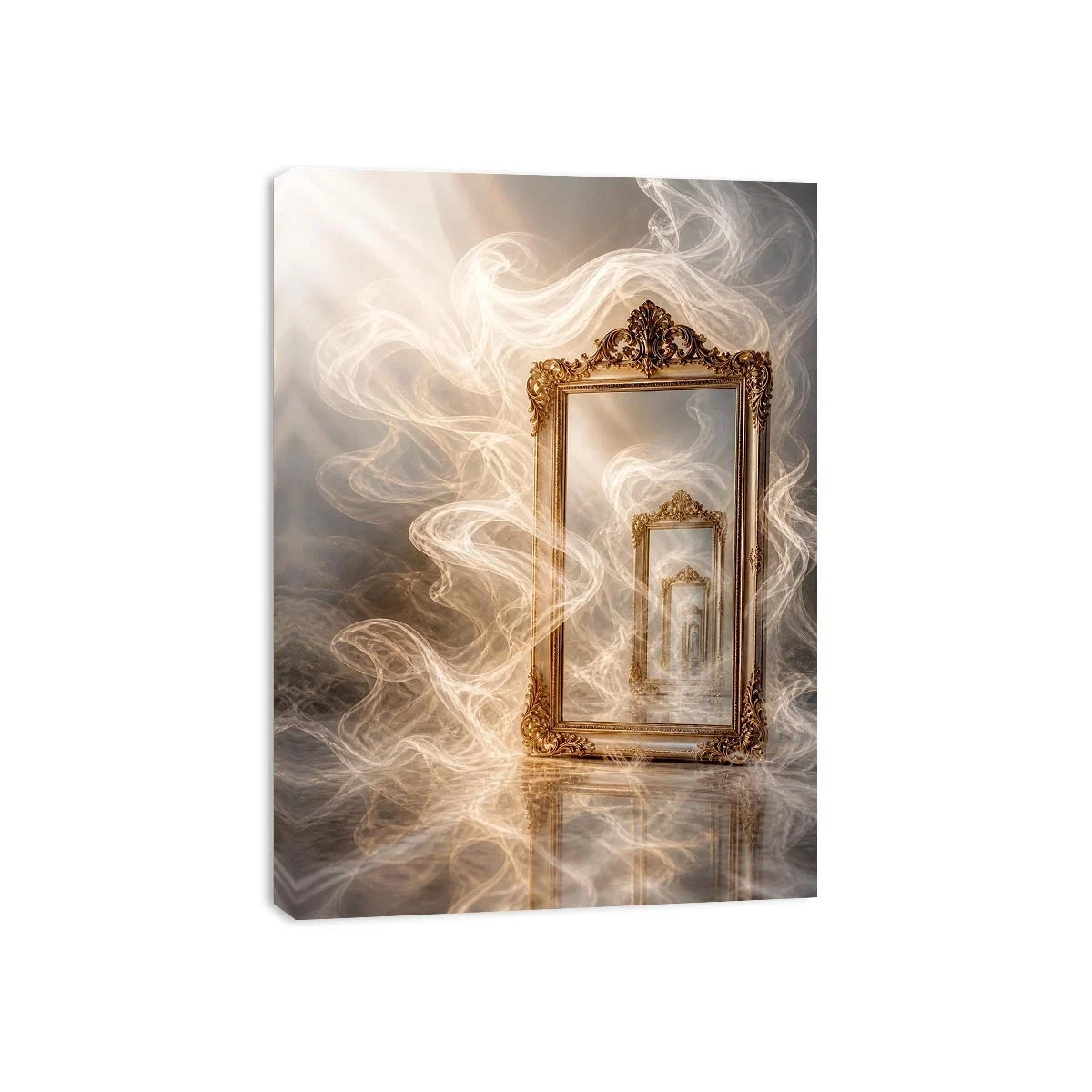 Surreal golden mirror wall art with endless reflections, flowing white smoke, and ornate vintage frames in a dreamy luxury abstract interior scene.
