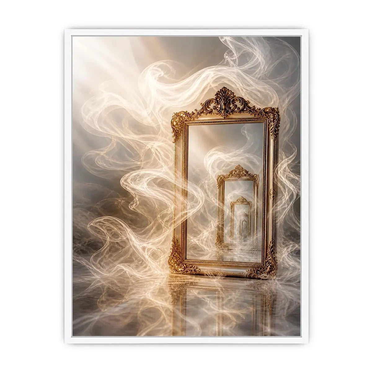 Surreal golden mirror wall art with endless reflections, flowing white smoke, and ornate vintage frames in a dreamy luxury abstract interior scene.