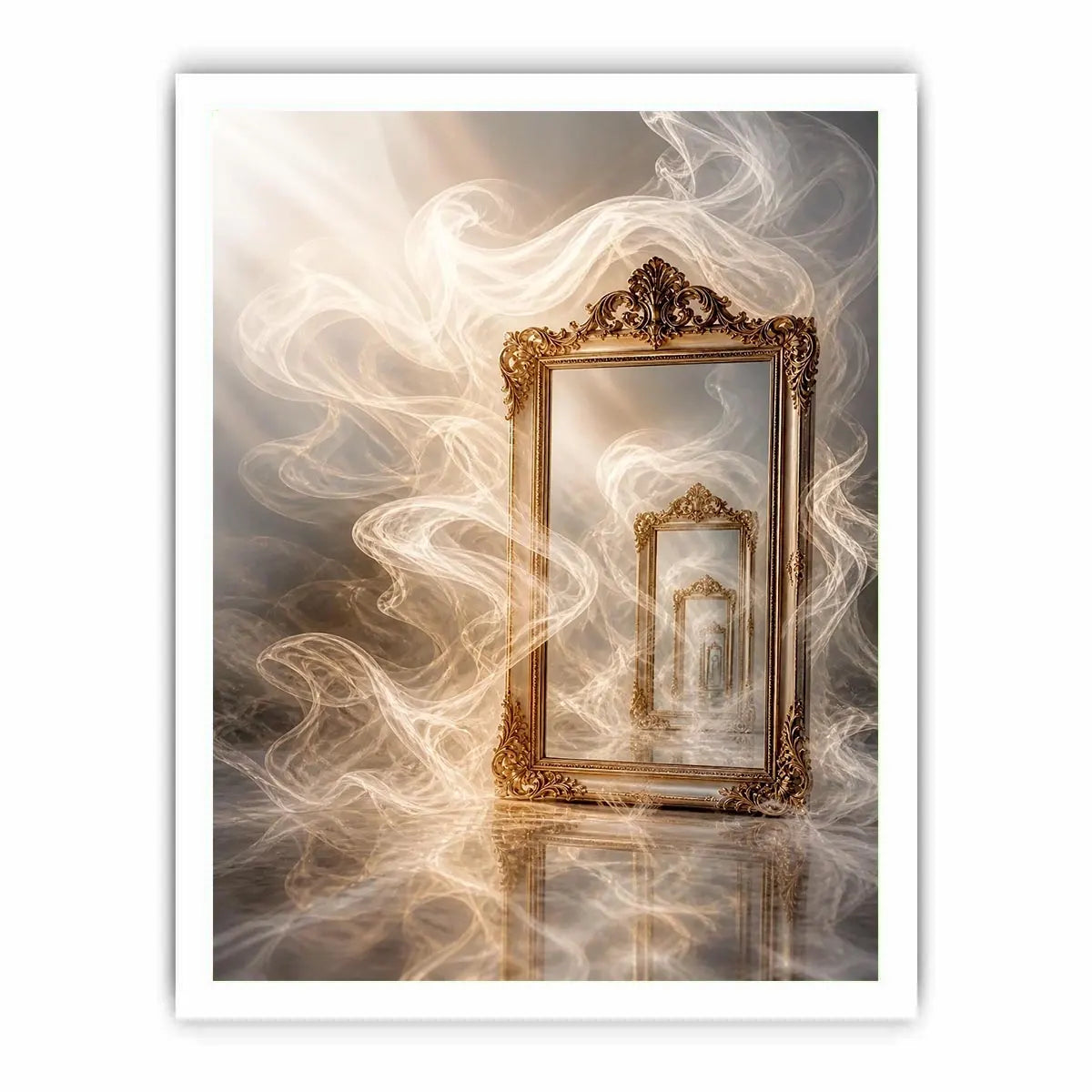 Surreal golden mirror wall art with endless reflections, flowing white smoke, and ornate vintage frames in a dreamy luxury abstract interior scene.