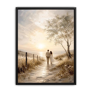 Romantic coastal wall art featuring a couple walking along a sunlit beach path with golden skies, ocean views, and soft wildflower scenery in a dreamy landscape painting.