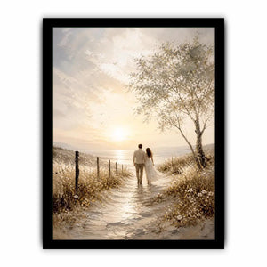 Romantic coastal wall art featuring a couple walking along a sunlit beach path with golden skies, ocean views, and soft wildflower scenery in a dreamy landscape painting.