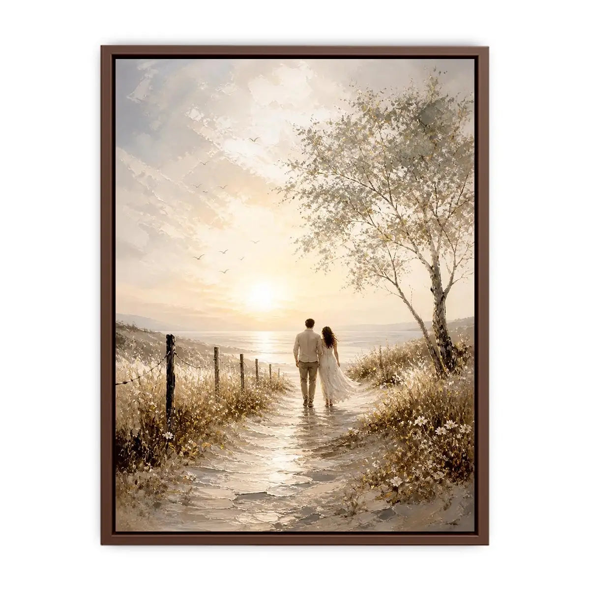 Romantic coastal wall art featuring a couple walking along a sunlit beach path with golden skies, ocean views, and soft wildflower scenery in a dreamy landscape painting.