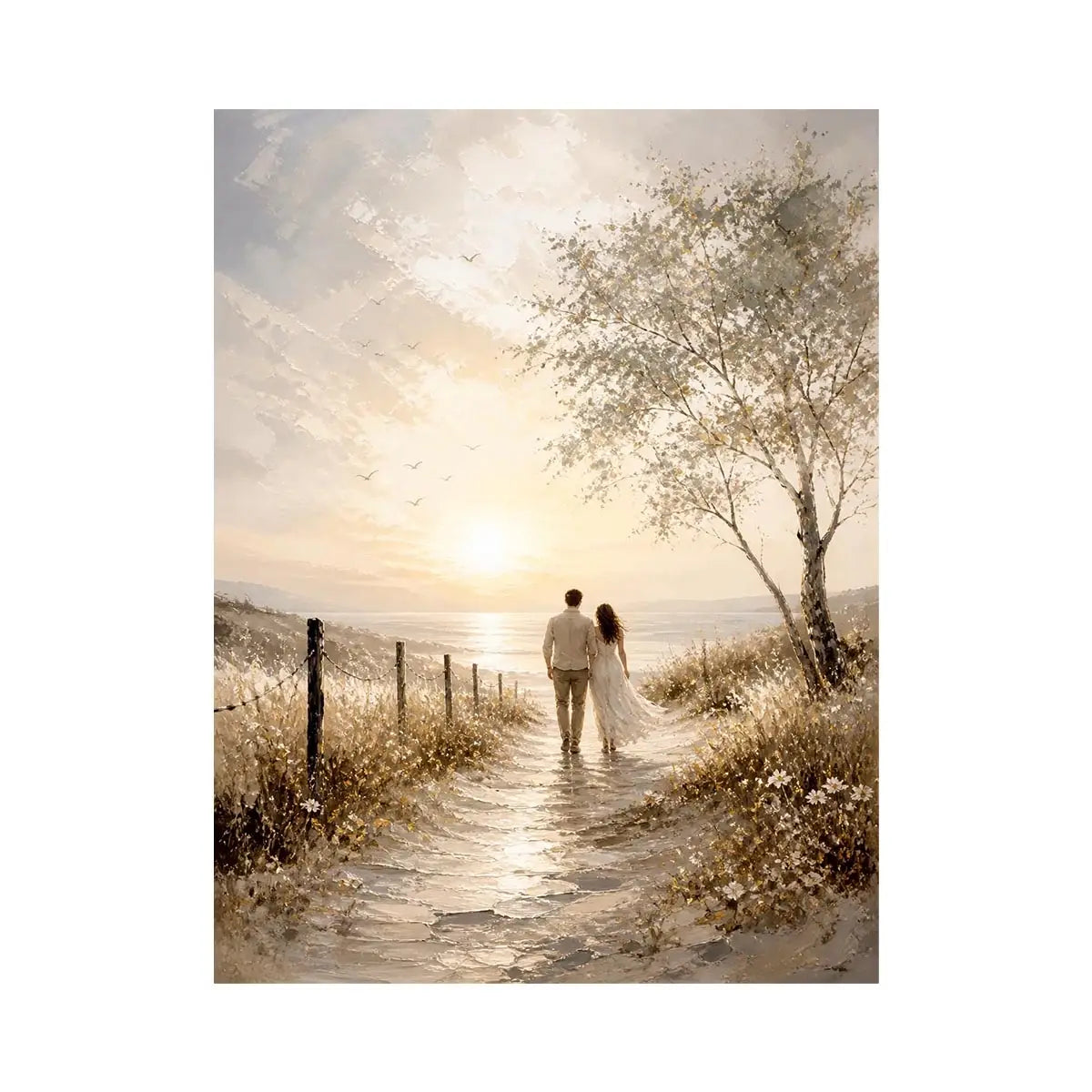 Romantic coastal wall art featuring a couple walking along a sunlit beach path with golden skies, ocean views, and soft wildflower scenery in a dreamy landscape painting.