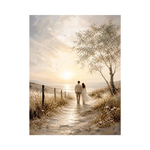 Romantic coastal wall art featuring a couple walking along a sunlit beach path with golden skies, ocean views, and soft wildflower scenery in a dreamy landscape painting.