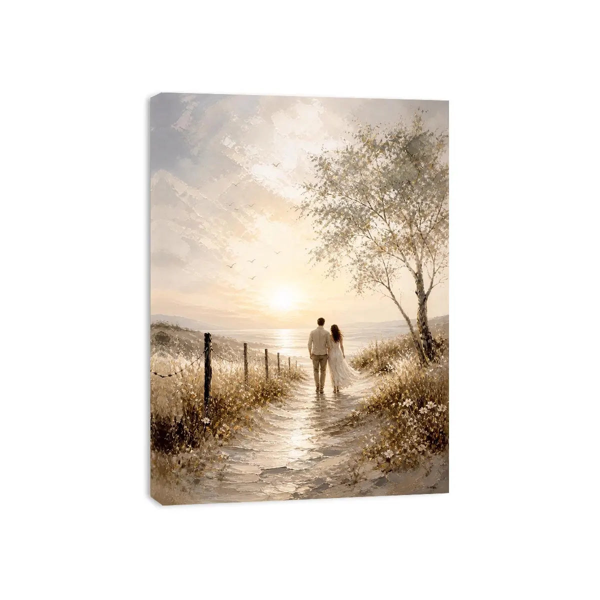 Romantic coastal wall art featuring a couple walking along a sunlit beach path with golden skies, ocean views, and soft wildflower scenery in a dreamy landscape painting.
