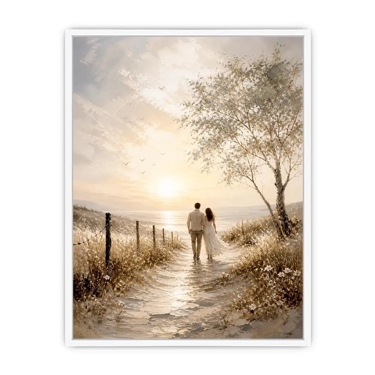 Romantic coastal wall art featuring a couple walking along a sunlit beach path with golden skies, ocean views, and soft wildflower scenery in a dreamy landscape painting.