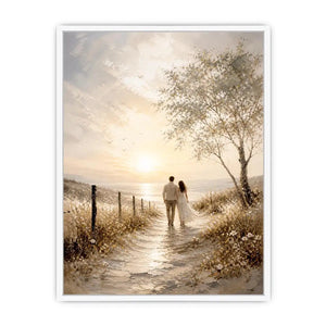 Romantic coastal wall art featuring a couple walking along a sunlit beach path with golden skies, ocean views, and soft wildflower scenery in a dreamy landscape painting.