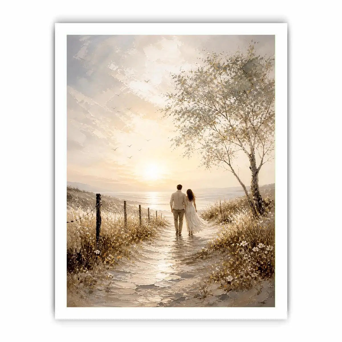 Romantic coastal wall art featuring a couple walking along a sunlit beach path with golden skies, ocean views, and soft wildflower scenery in a dreamy landscape painting.