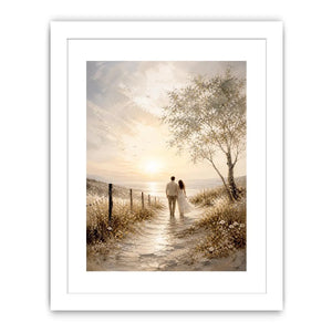 Romantic coastal wall art featuring a couple walking along a sunlit beach path with golden skies, ocean views, and soft wildflower scenery in a dreamy landscape painting.