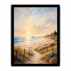 Coastal beach sunset wall art featuring golden sand dunes, peaceful ocean waves, pastel skies, and a serene shoreline path with soft textured brushwork.