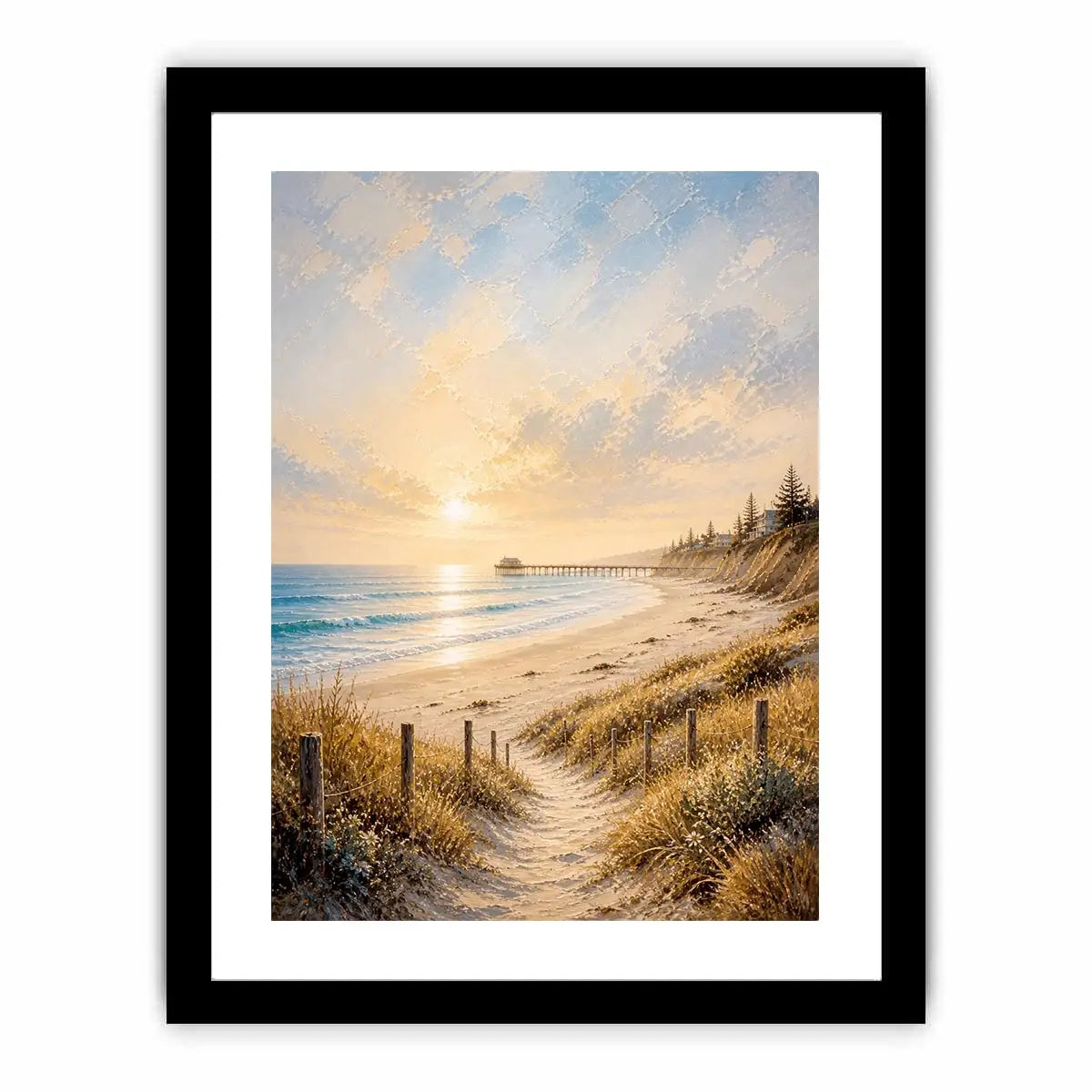 Coastal beach sunset wall art featuring golden sand dunes, peaceful ocean waves, pastel skies, and a serene shoreline path with soft textured brushwork.