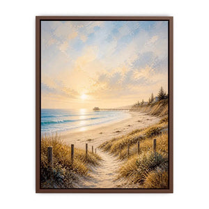 Coastal beach sunset wall art featuring golden sand dunes, peaceful ocean waves, pastel skies, and a serene shoreline path with soft textured brushwork.