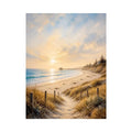 Coastal beach sunset wall art featuring golden sand dunes, peaceful ocean waves, pastel skies, and a serene shoreline path with soft textured brushwork.