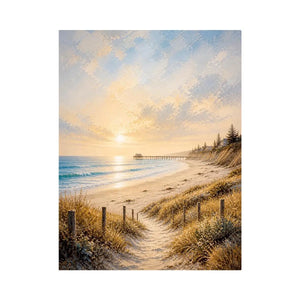 Coastal beach sunset wall art featuring golden sand dunes, peaceful ocean waves, pastel skies, and a serene shoreline path with soft textured brushwork.