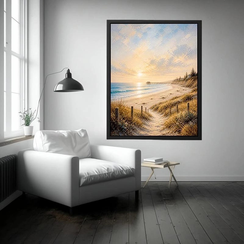 Coastal beach sunset wall art featuring golden sand dunes, peaceful ocean waves, pastel skies, and a serene shoreline path with soft textured brushwork.