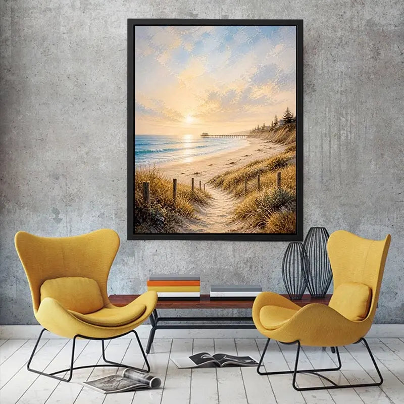 Coastal beach sunset wall art featuring golden sand dunes, peaceful ocean waves, pastel skies, and a serene shoreline path with soft textured brushwork.