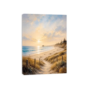 Coastal beach sunset wall art featuring golden sand dunes, peaceful ocean waves, pastel skies, and a serene shoreline path with soft textured brushwork.