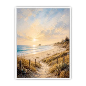 Coastal beach sunset wall art featuring golden sand dunes, peaceful ocean waves, pastel skies, and a serene shoreline path with soft textured brushwork.