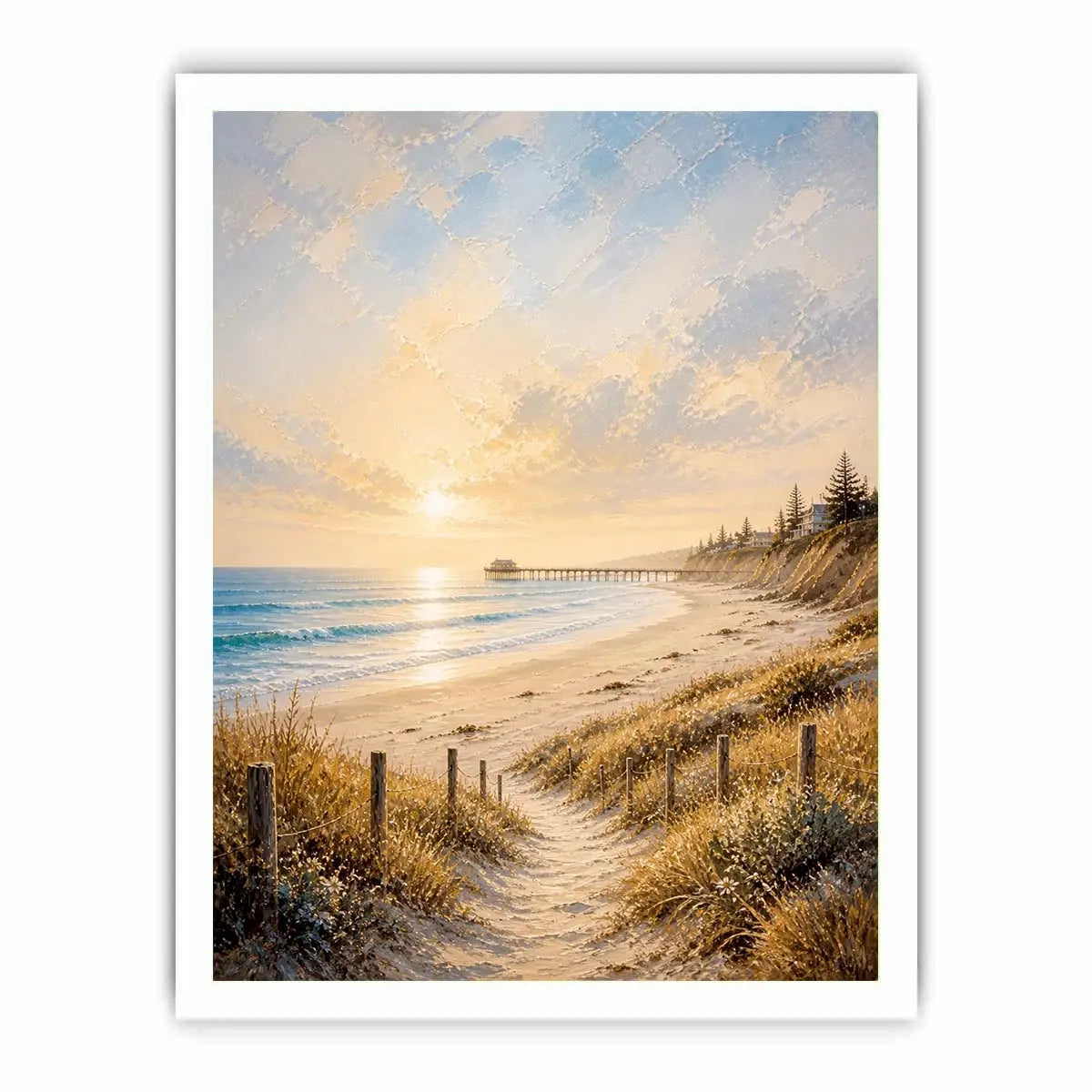Coastal beach sunset wall art featuring golden sand dunes, peaceful ocean waves, pastel skies, and a serene shoreline path with soft textured brushwork.
