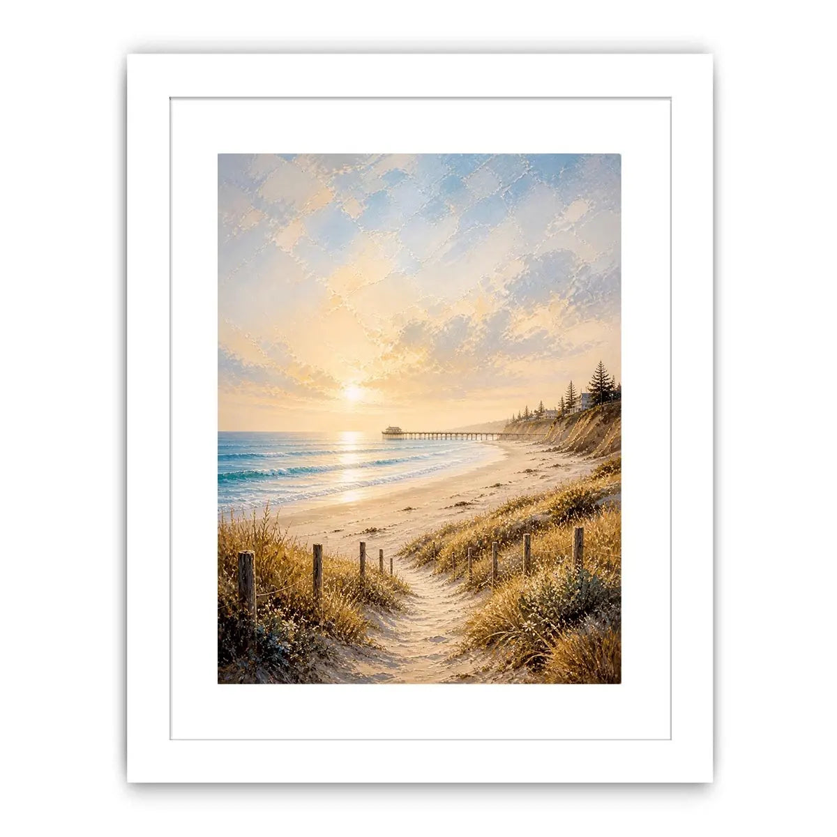 Coastal beach sunset wall art featuring golden sand dunes, peaceful ocean waves, pastel skies, and a serene shoreline path with soft textured brushwork.