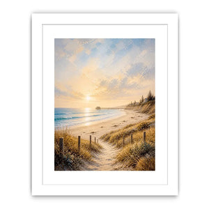 Coastal beach sunset wall art featuring golden sand dunes, peaceful ocean waves, pastel skies, and a serene shoreline path with soft textured brushwork.