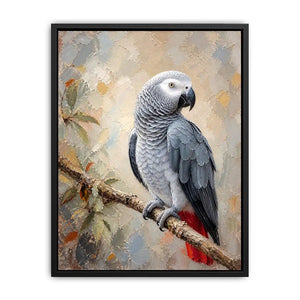 Elegant African Grey parrot wall art featuring detailed silver feathers, textured painterly brushstrokes, and warm botanical accents in a luxury contemporary style.