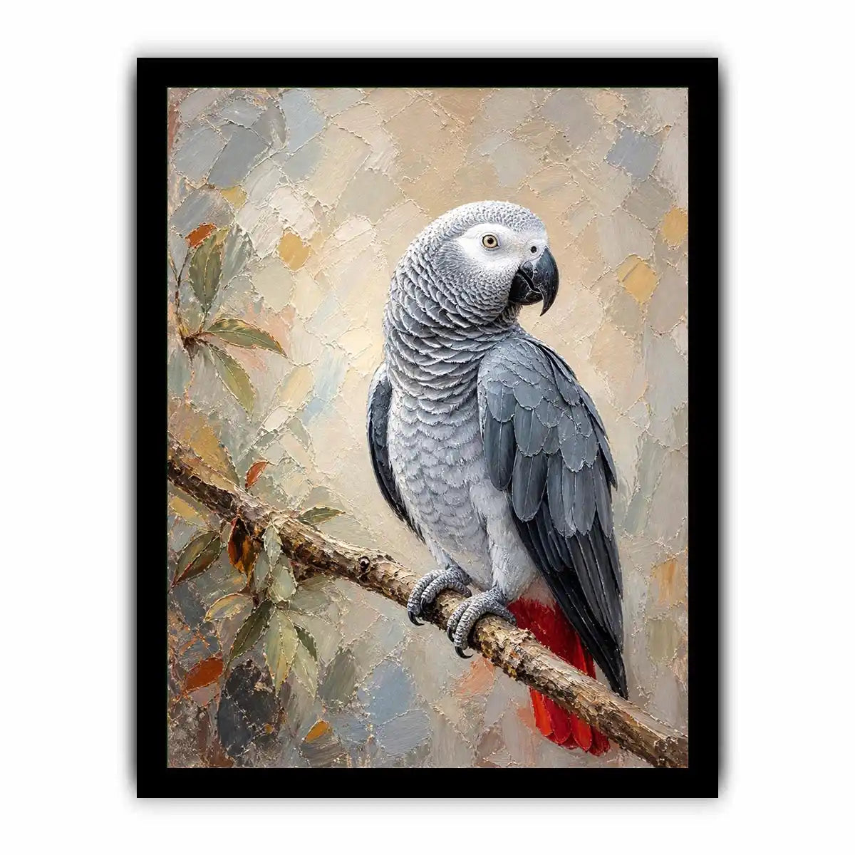 Elegant African Grey parrot wall art featuring detailed silver feathers, textured painterly brushstrokes, and warm botanical accents in a luxury contemporary style.