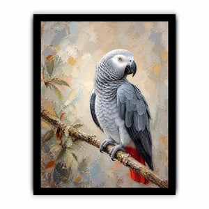 Elegant African Grey parrot wall art featuring detailed silver feathers, textured painterly brushstrokes, and warm botanical accents in a luxury contemporary style.
