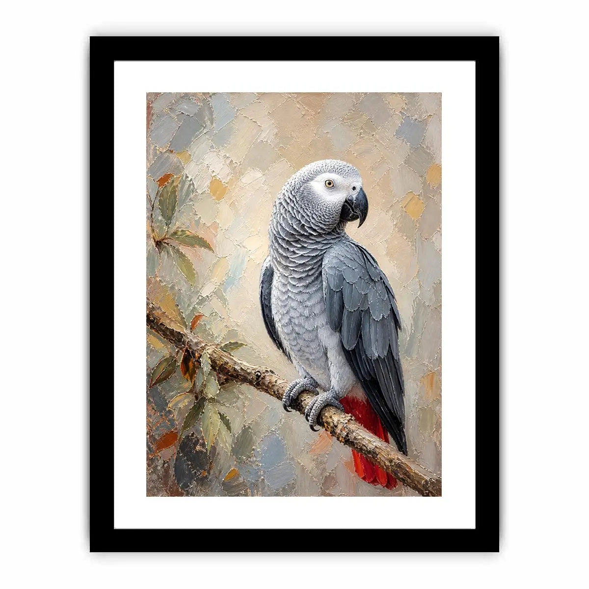 Elegant African Grey parrot wall art featuring detailed silver feathers, textured painterly brushstrokes, and warm botanical accents in a luxury contemporary style.