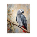 Elegant African Grey parrot wall art featuring detailed silver feathers, textured painterly brushstrokes, and warm botanical accents in a luxury contemporary style.