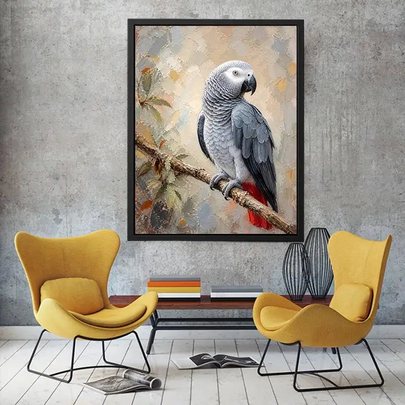 Elegant African Grey parrot wall art featuring detailed silver feathers, textured painterly brushstrokes, and warm botanical accents in a luxury contemporary style.