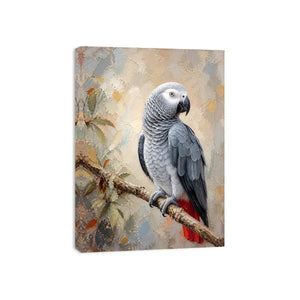Elegant African Grey parrot wall art featuring detailed silver feathers, textured painterly brushstrokes, and warm botanical accents in a luxury contemporary style.