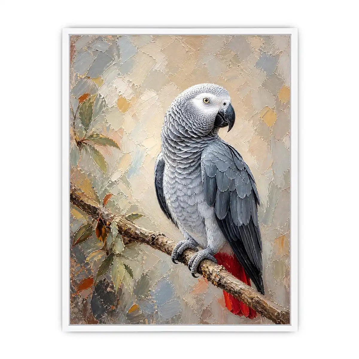 Elegant African Grey parrot wall art featuring detailed silver feathers, textured painterly brushstrokes, and warm botanical accents in a luxury contemporary style.